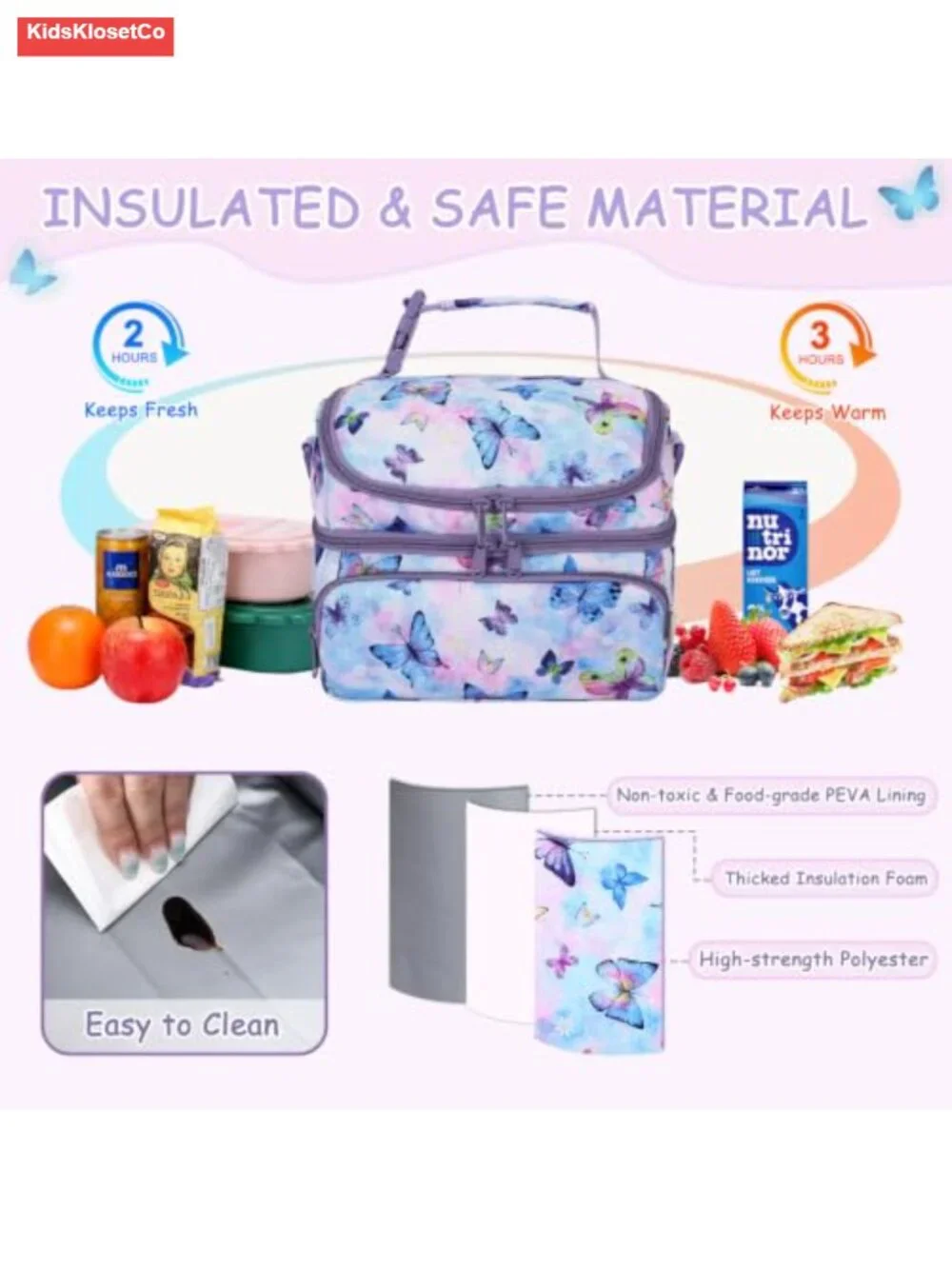 Insulated Lunch Bag for Kids, Dual Compartment 7.5L, BPA-Free PEVA, Thermal